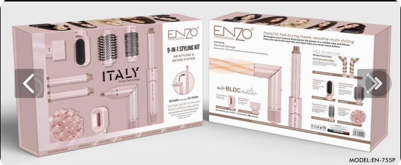 سشوار دایسون انزو 8کاره رنگ صورتی مدل ENZO EN-755 اصلی همراه با سری دیفیوزر