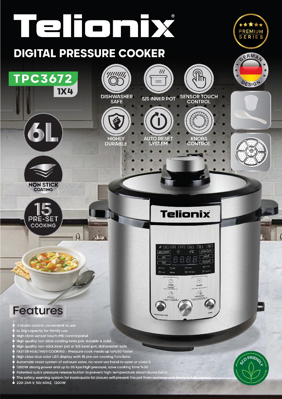 پلوپز و زودپز دیجیتال تِلیونیکس مدل TPC3672 ظرفیت 6 لیتر، توان 1200 وات با گارانتی اصالت و سلامت کالا